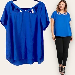 TORRID - Georgette Cage Front Short Sleeve Chiffon Blouse in Royal Blue